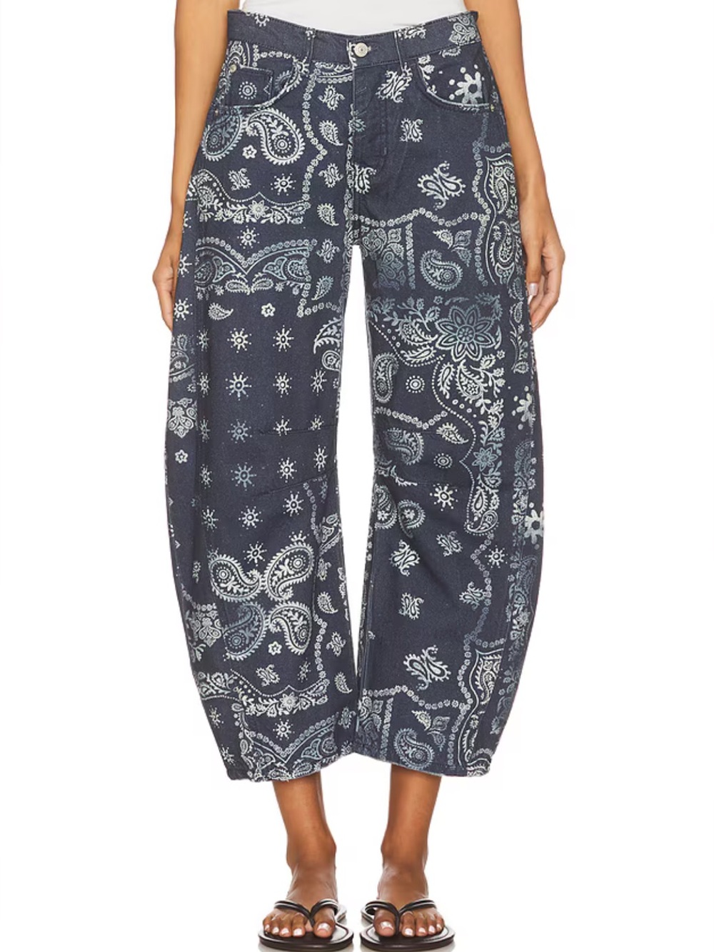 Free People We The Free Good Luck Wide-Leg Barrel Bandana Print Pants - Navy